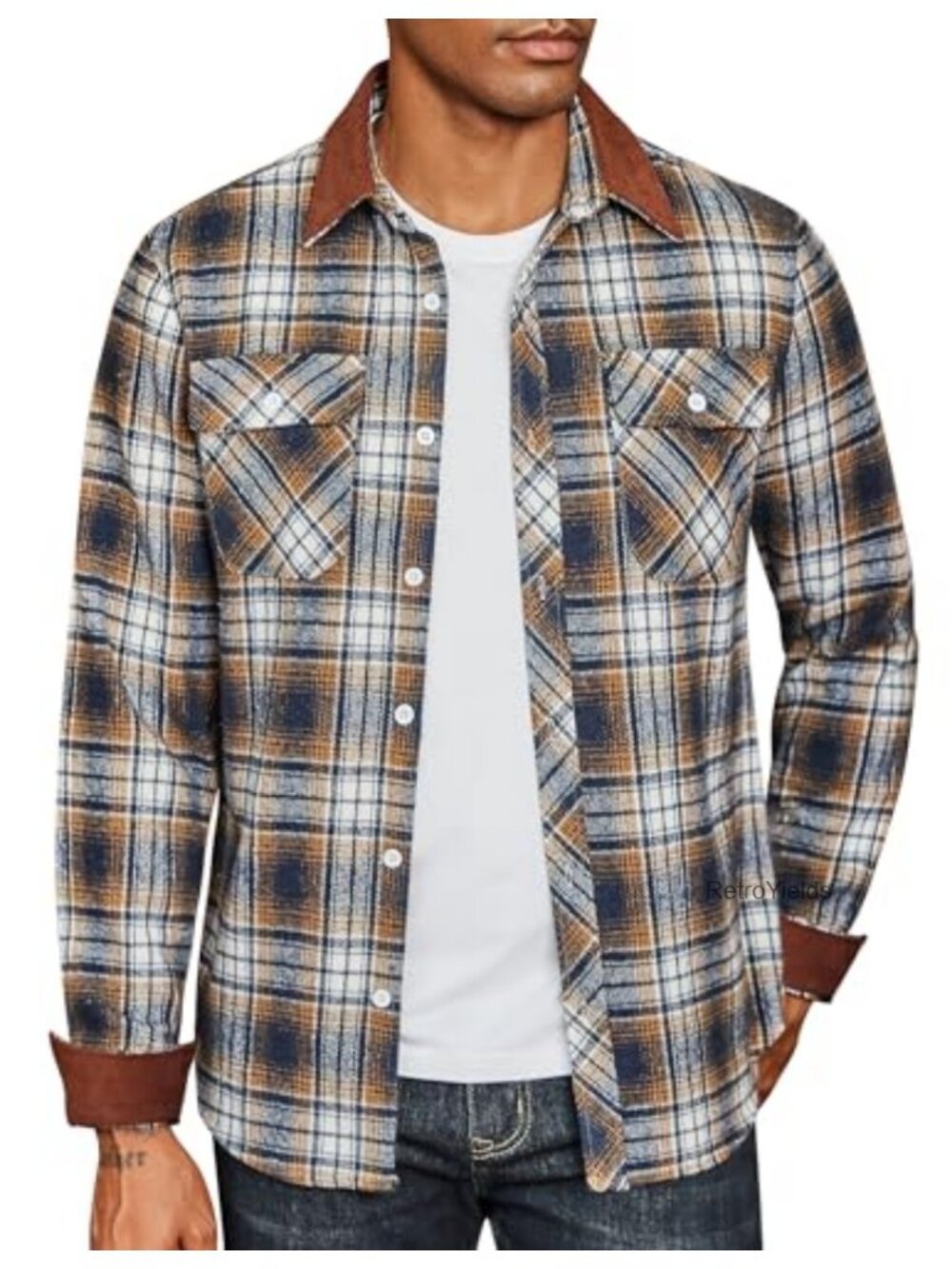 Men's Fleece Flannel Plaid Button Down Shirt with Pockets Long Sleeve